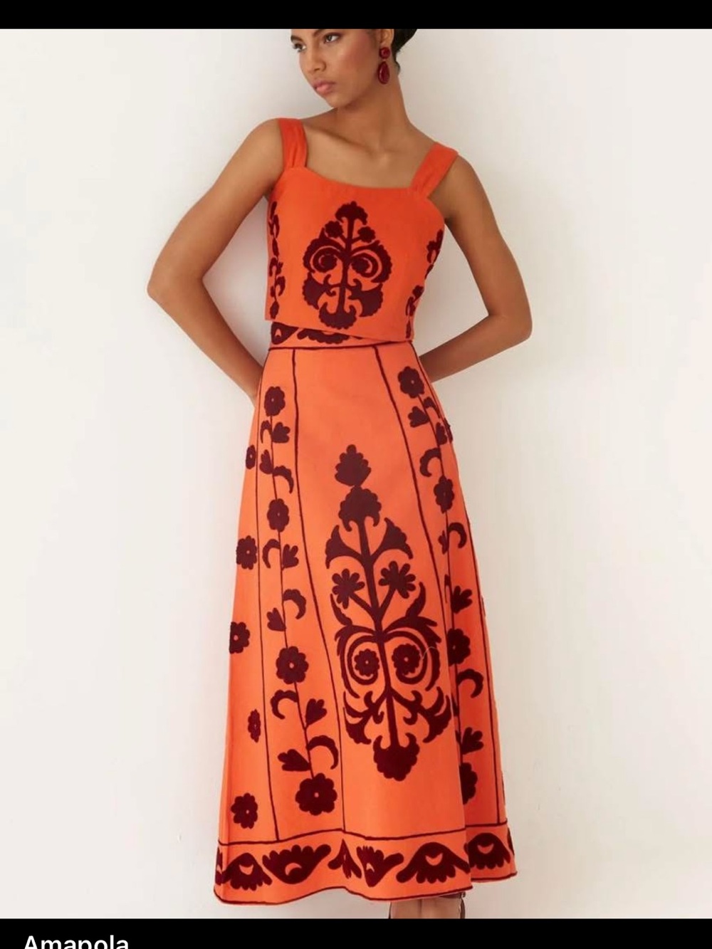 Unbranded Orange Maxi Skirt Set with Burgundy Floral Motifs